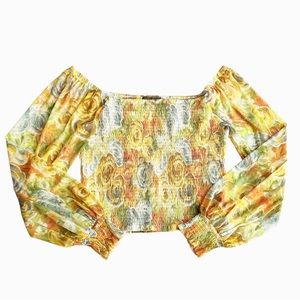 Anthropologie Rouen Yellow and Orange Floral Print Smocked Top X-Large